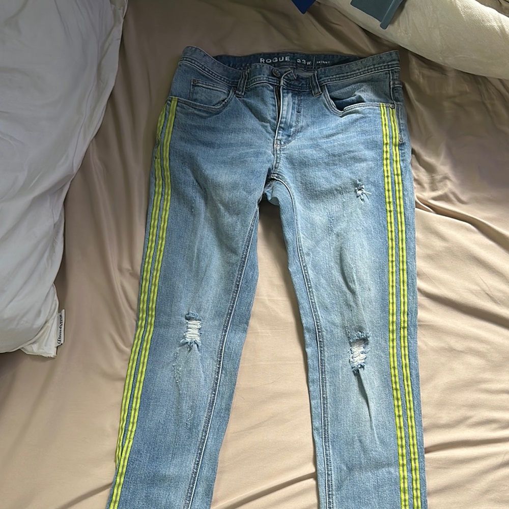 Rogue Skinny Blue and Yellow Jeans Distressed Design